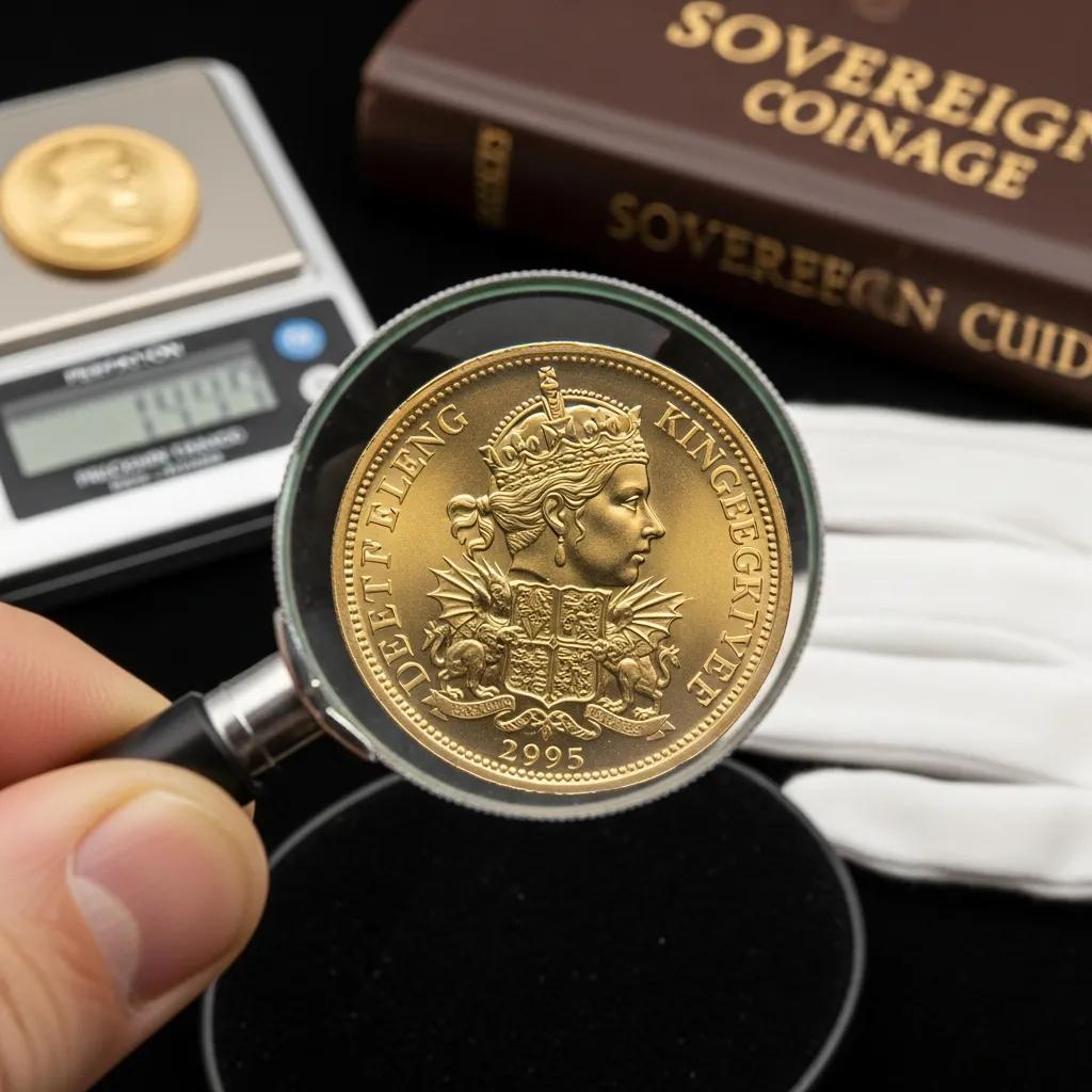 Close-up of a gold sovereign coin being examined for authenticity with a magnifying glass