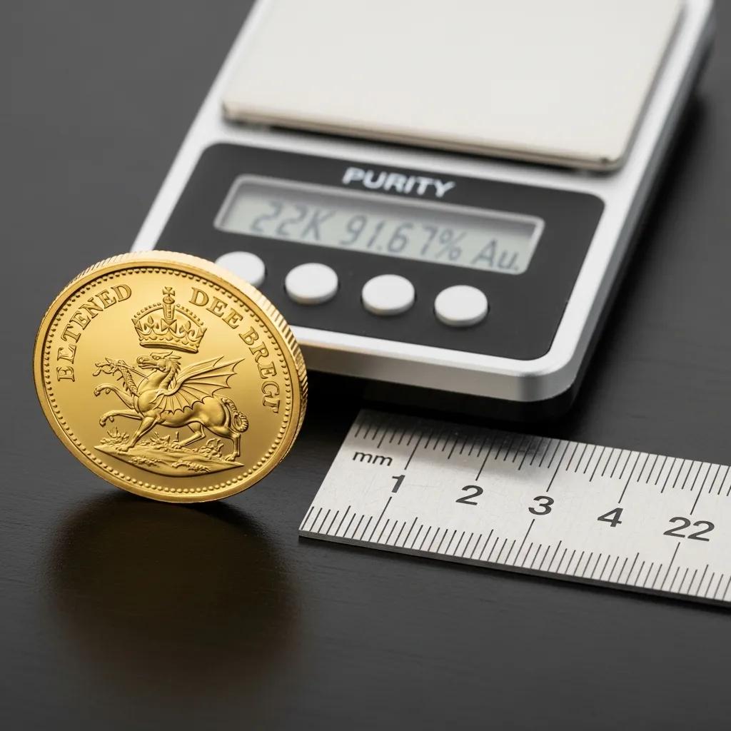 Close-up of a gold sovereign coin with a ruler and purity scale, emphasizing gold content and purity