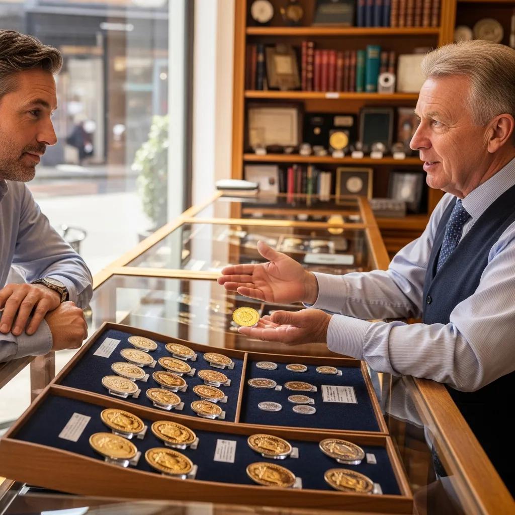 Coin shop display featuring British gold coins, illustrating the buying and authentication process for American investors