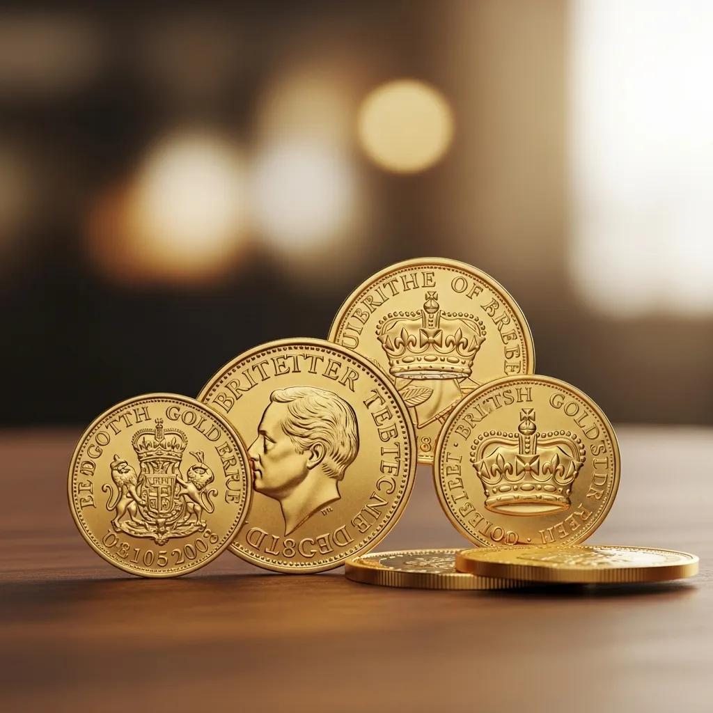 Collection of British gold coins including a sovereign and crown on a wooden table