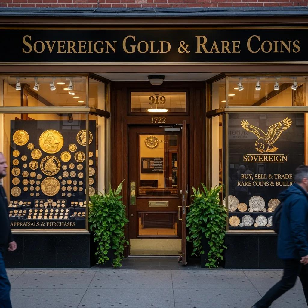 Exterior view of a reputable gold coin dealer's storefront showcasing gold sovereign coins