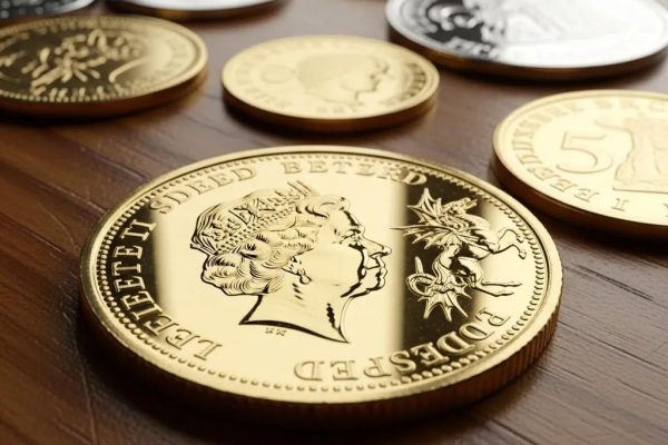 Gold sovereign coin on a wooden table, showcasing its intricate design and gold sheen