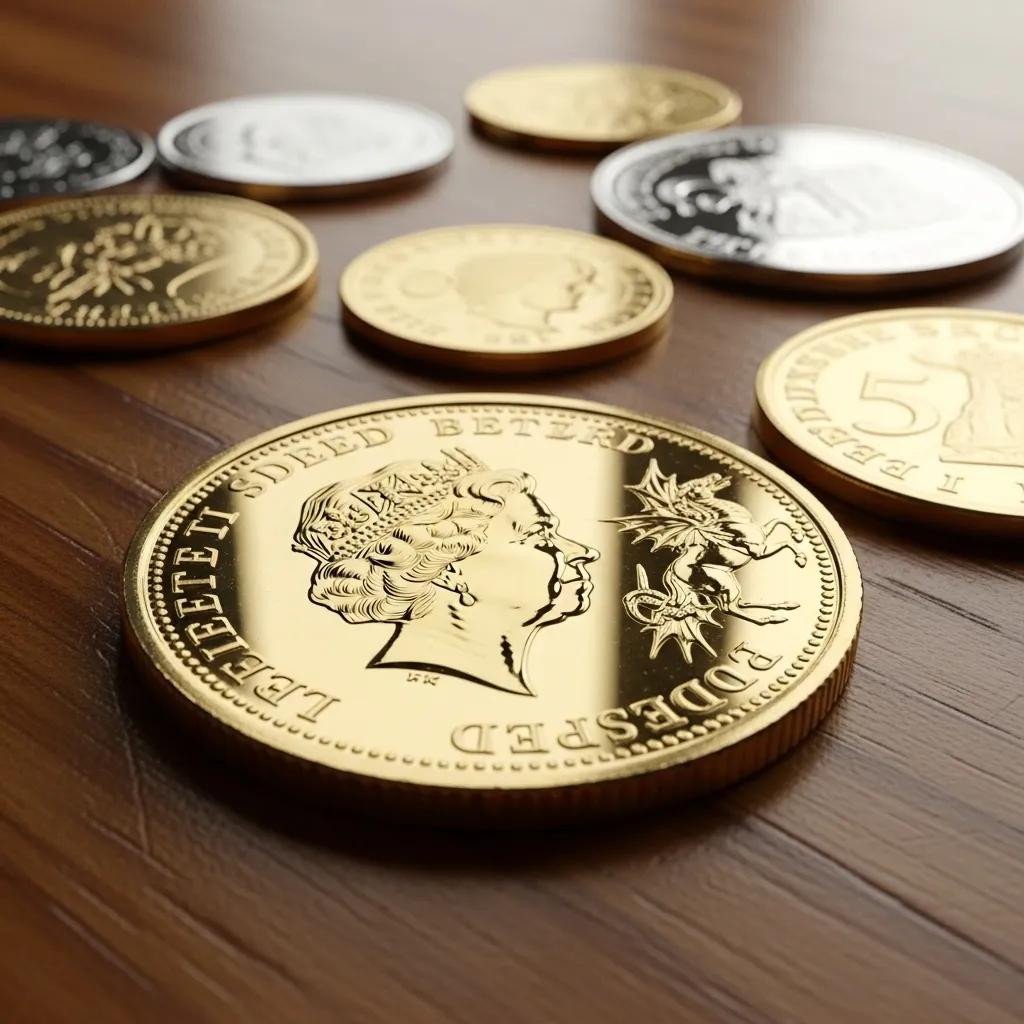Gold sovereign coin on a wooden table, showcasing its intricate design and gold sheen