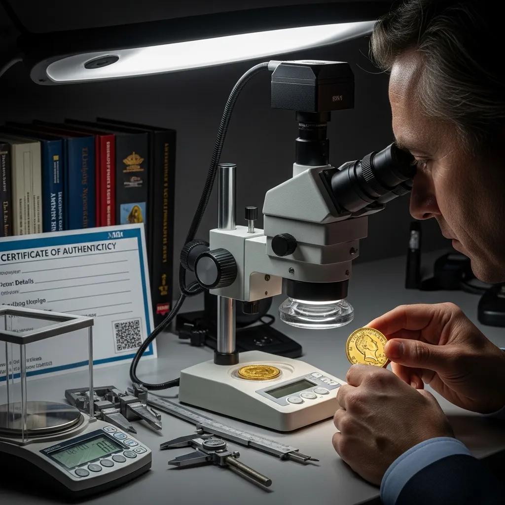 Numismatist examining a British gold coin under a magnifying glass in a professional grading setting
