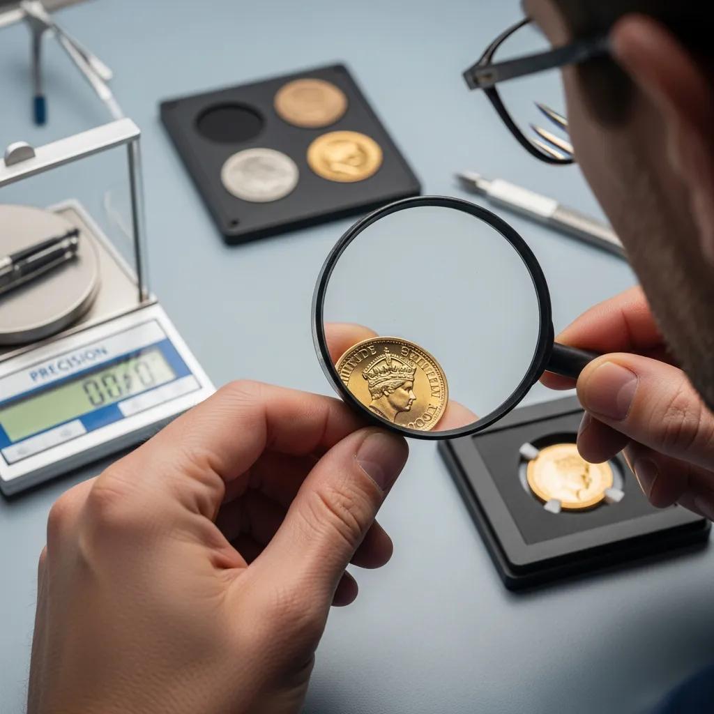 Numismatist examining a British gold sovereign coin with a magnifying glass