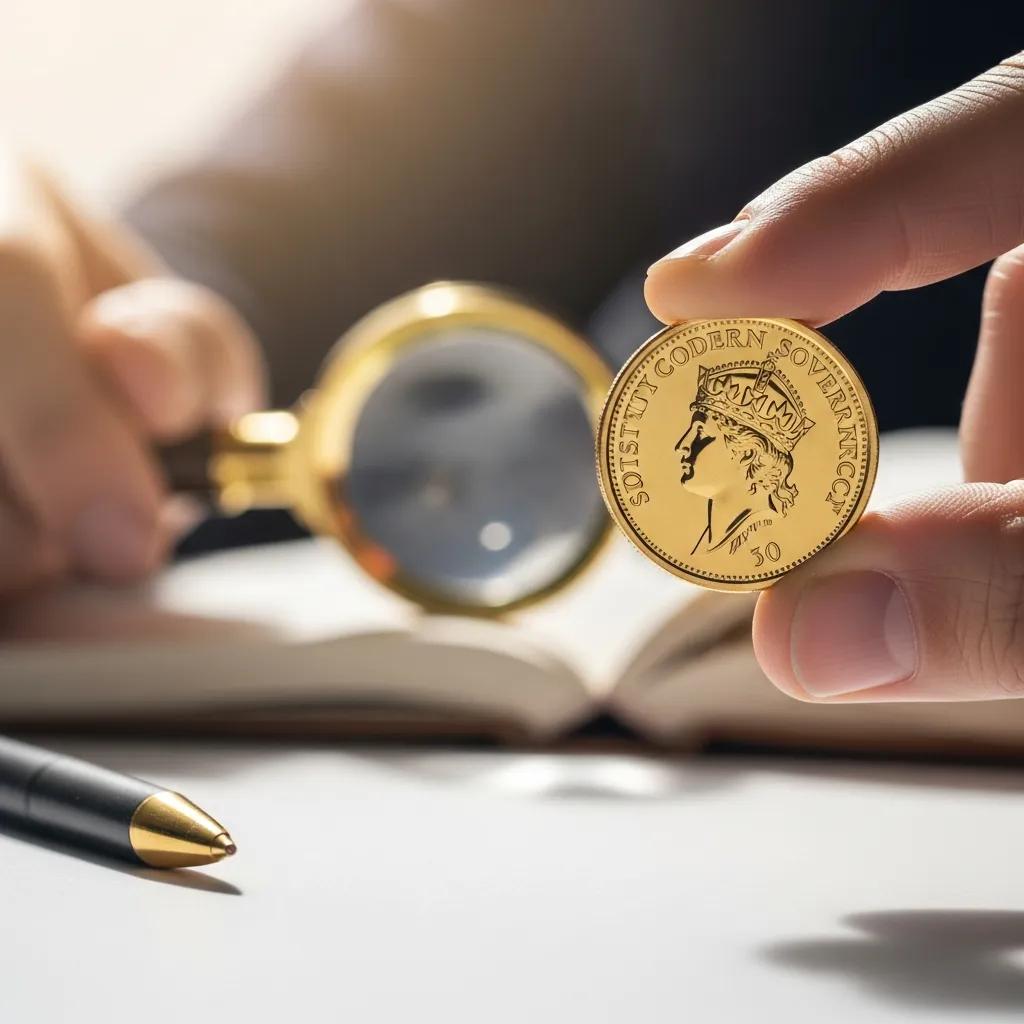 Person examining a British Sovereign coin, highlighting the investment benefits and risks associated with gold coins