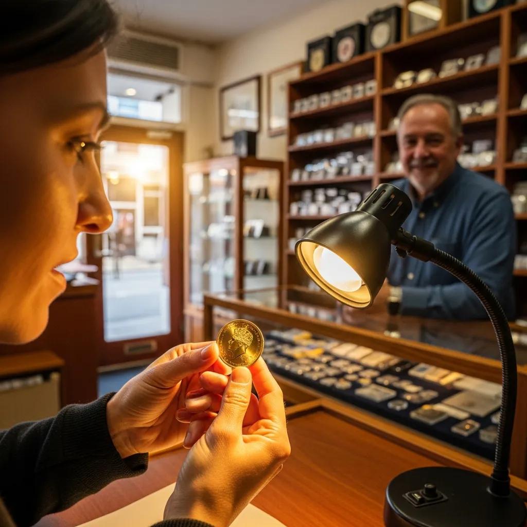 Person examining a gold sovereign coin in a local coin shop, conveying trust and professionalism