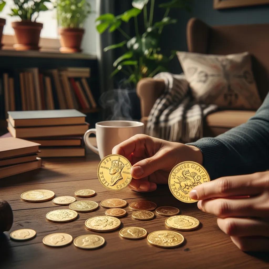 Person examining gold sovereign coins on a wooden table in a cozy setting