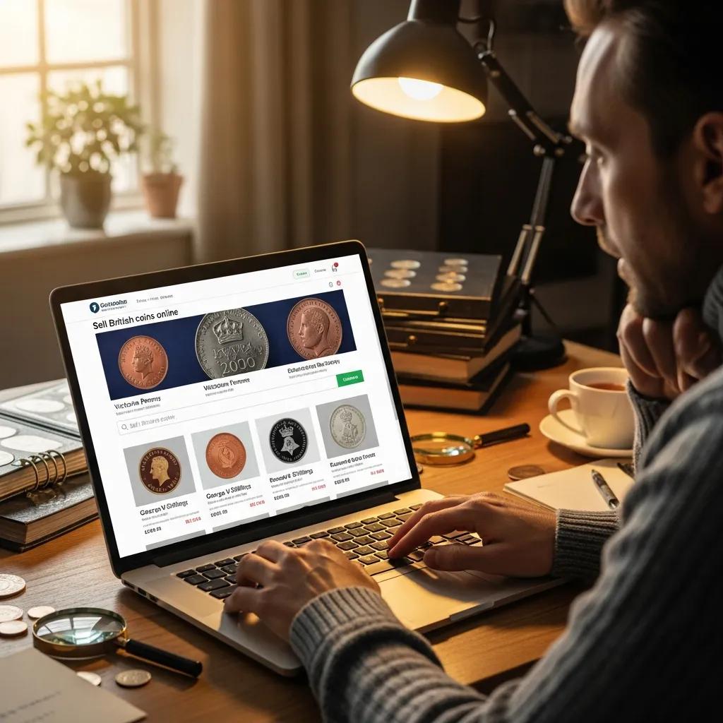 Person researching online platforms for selling inherited British coins on a laptop